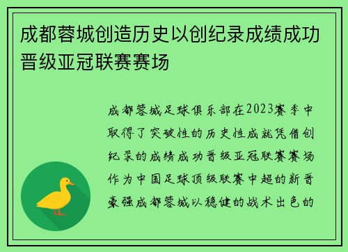 成都蓉城创造历史以创纪录成绩成功晋级亚冠联赛赛场